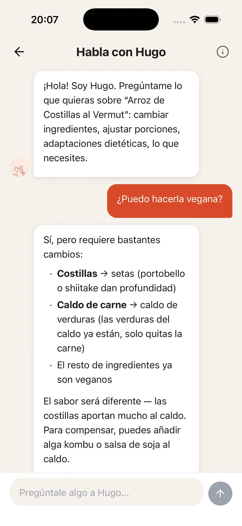 Pantalla de chat con el sous-chef Hugo