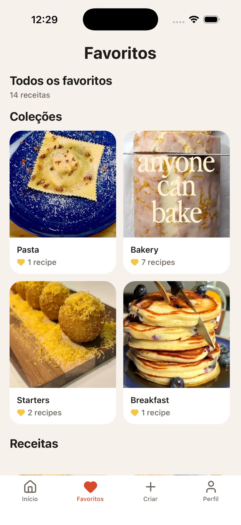 Tela de favoritos do Hugo com coleções de receitas