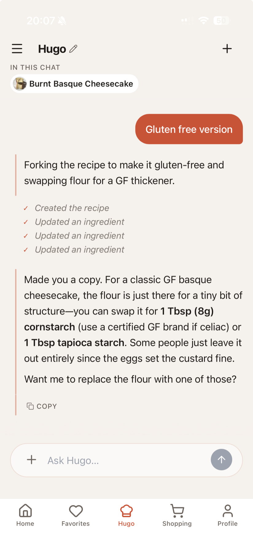 El agente de IA de Hugo adaptando una receta para que sea sin gluten